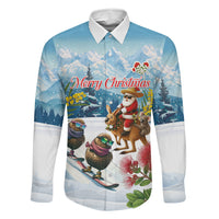 New Zealand and Australia Merry Christmas Family Matching Off Shoulder Short Dress and Hawaiian Shirt Kiwi Birds Skiing and Koala Santa Riding Kangaroo LT03 Dad's Shirt - Long Sleeve Multicolor - Polynesian Pride