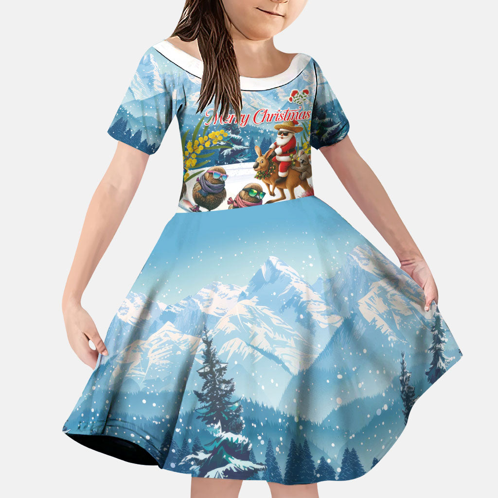 New Zealand and Australia Merry Christmas Family Matching Puletasi and Hawaiian Shirt Kiwi Birds Skiing and Koala Santa Riding Kangaroo LT03 Daughter's Dress Multicolor - Polynesian Pride