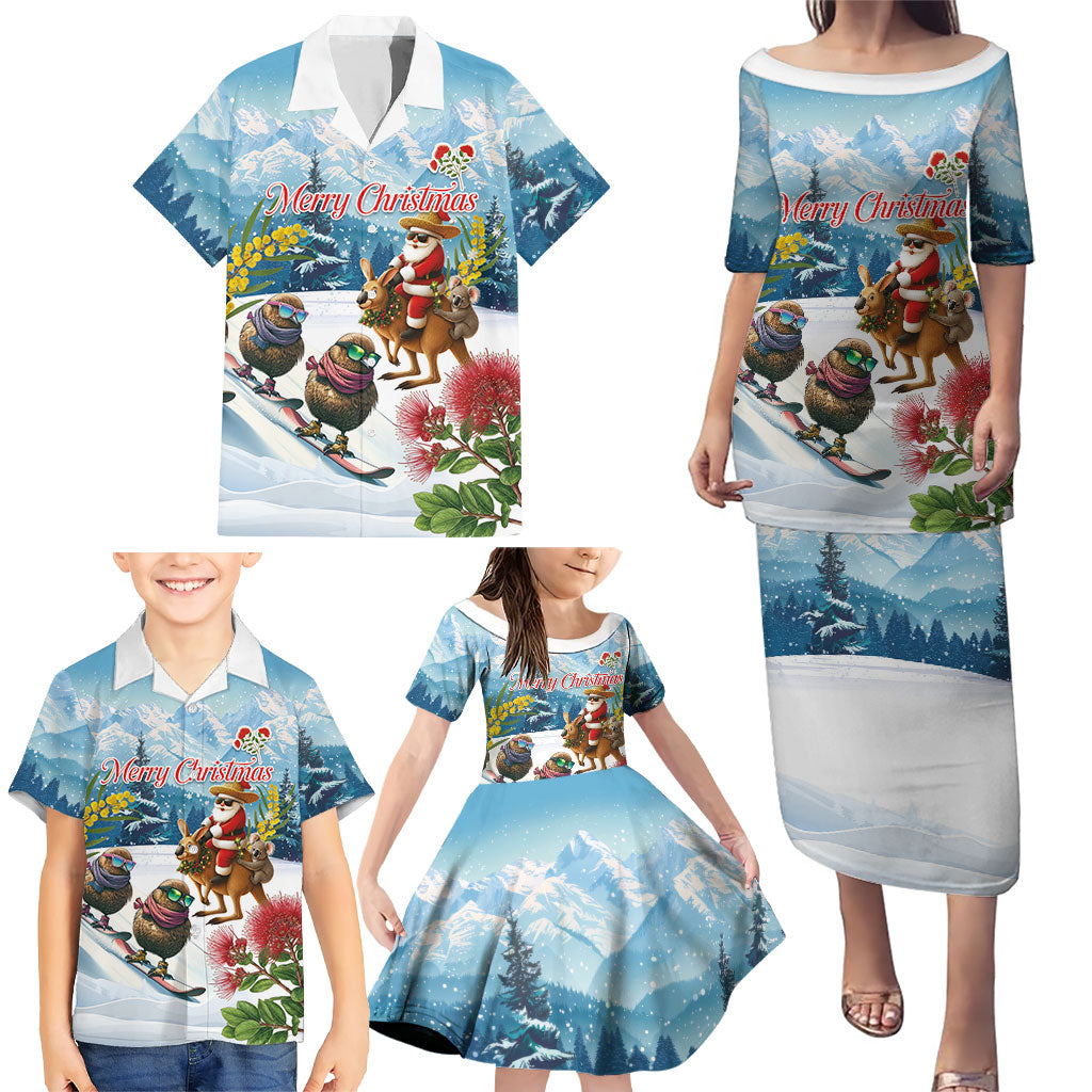 New Zealand and Australia Merry Christmas Family Matching Puletasi and Hawaiian Shirt Kiwi Birds Skiing and Koala Santa Riding Kangaroo LT03 - Polynesian Pride