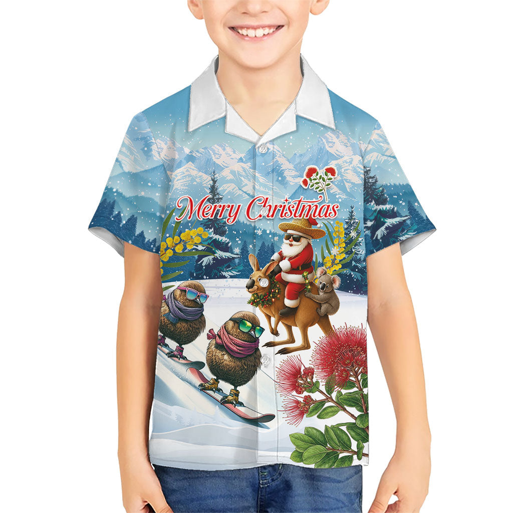 New Zealand and Australia Merry Christmas Family Matching Puletasi and Hawaiian Shirt Kiwi Birds Skiing and Koala Santa Riding Kangaroo LT03 Son's Shirt Multicolor - Polynesian Pride