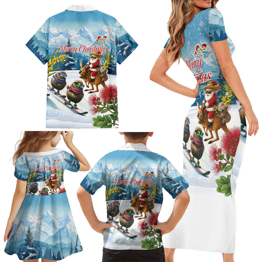 New Zealand and Australia Merry Christmas Family Matching Short Sleeve Bodycon Dress and Hawaiian Shirt Kiwi Birds Skiing and Koala Santa Riding Kangaroo LT03 - Polynesian Pride