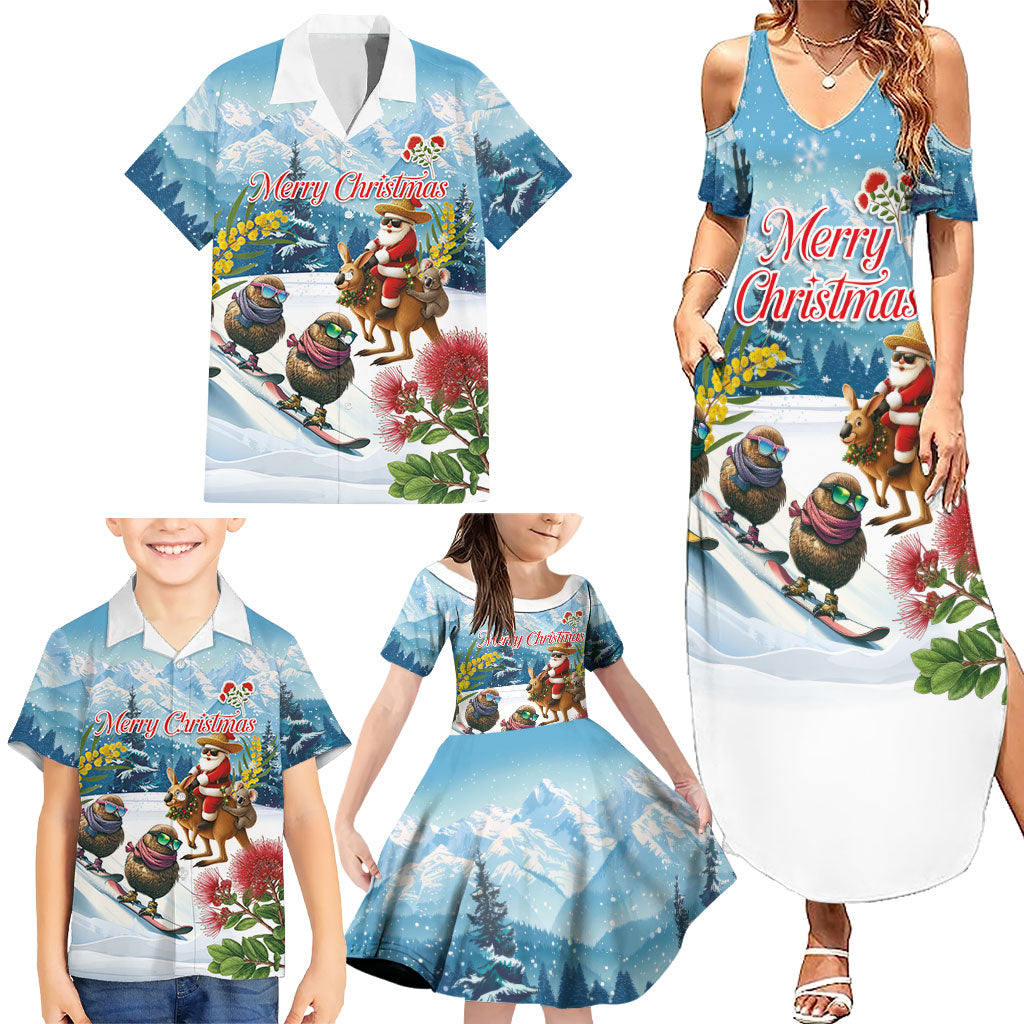 New Zealand and Australia Merry Christmas Family Matching Summer Maxi Dress and Hawaiian Shirt Kiwi Birds Skiing and Koala Santa Riding Kangaroo
