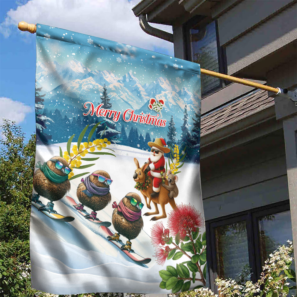 New Zealand and Australia Merry Christmas Garden Flag Kiwi Birds Skiing and Koala Santa Riding Kangaroo LT03 - Polynesian Pride