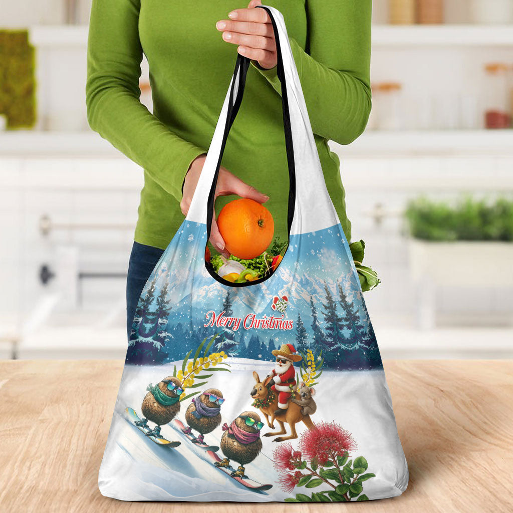 New Zealand and Australia Merry Christmas Grocery Bag Kiwi Birds Skiing and Koala Santa Riding Kangaroo