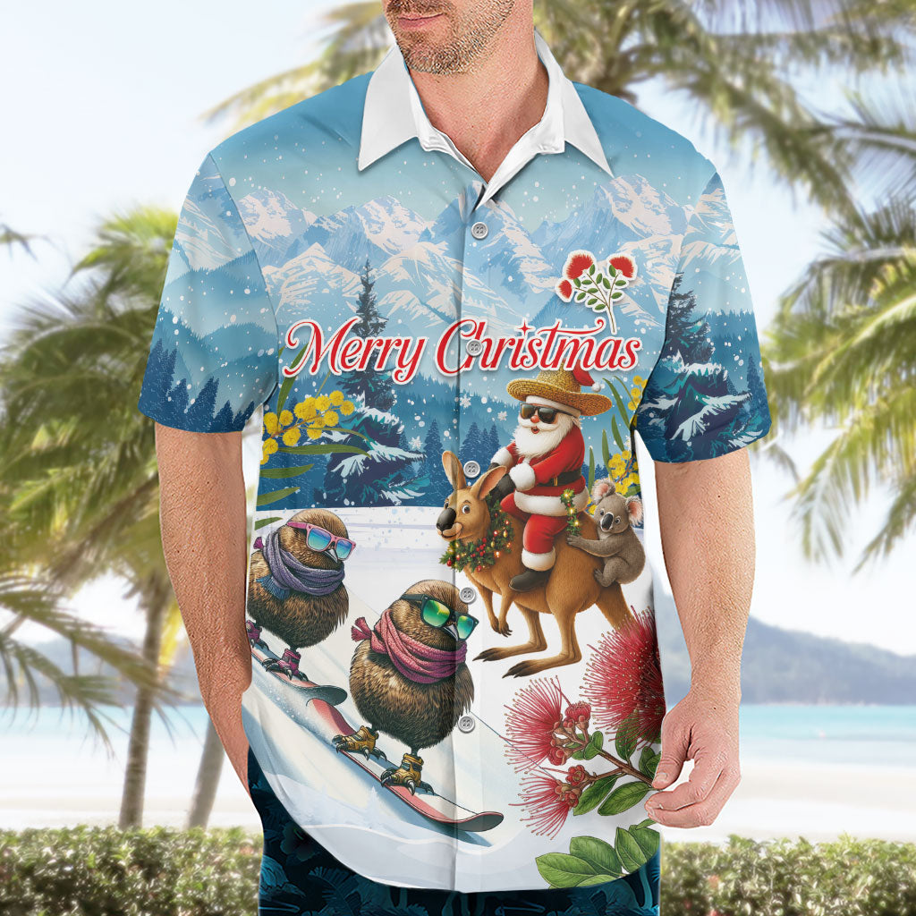 New Zealand and Australia Merry Christmas Hawaiian Shirt Kiwi Birds Skiing and Koala Santa Riding Kangaroo LT03 - Polynesian Pride