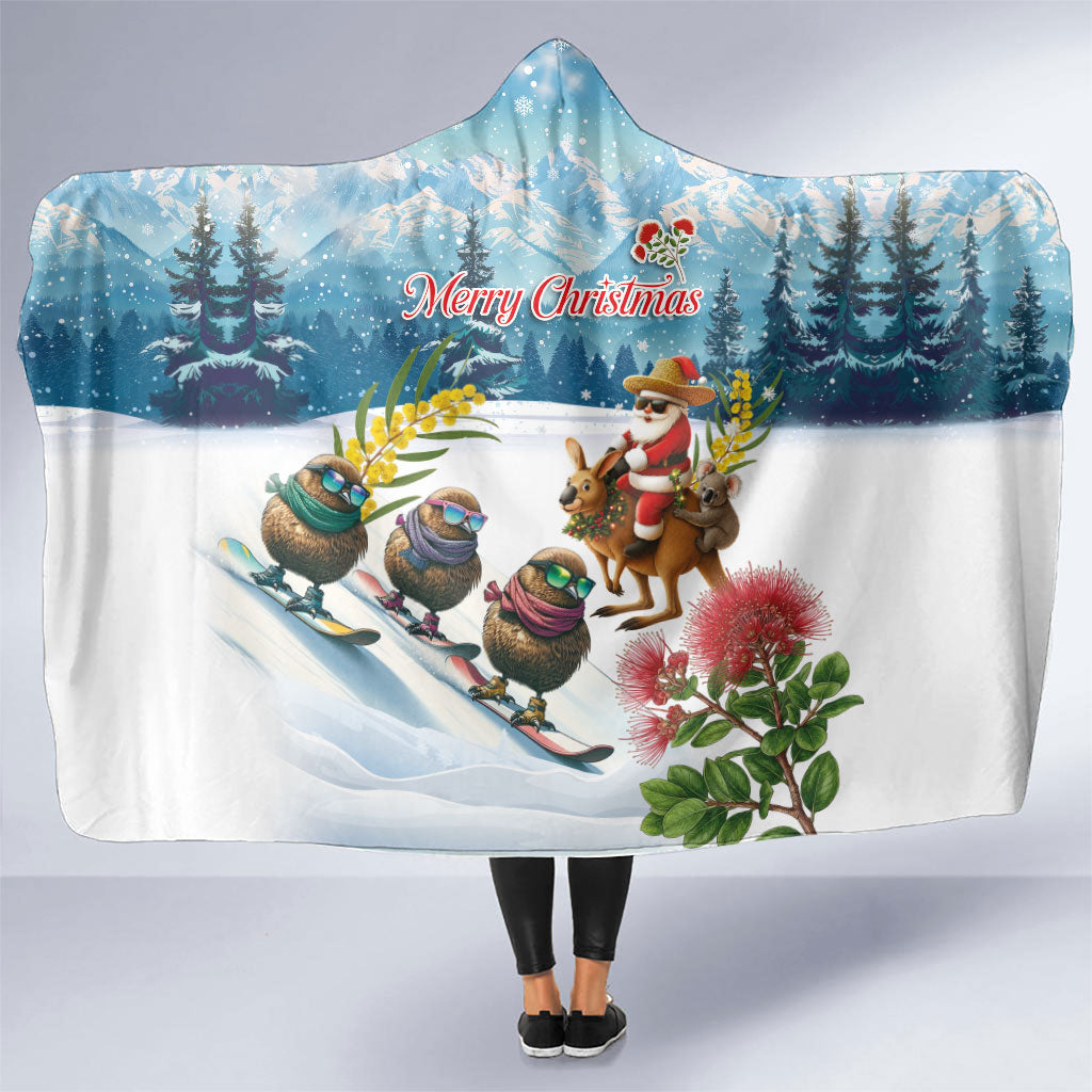 New Zealand and Australia Merry Christmas Hooded Blanket Kiwi Birds Skiing and Koala Santa Riding Kangaroo LT03 One Size Multicolor - Polynesian Pride