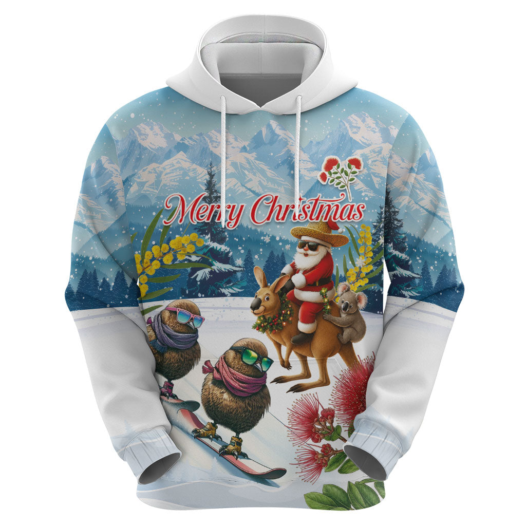 New Zealand and Australia Merry Christmas Hoodie Kiwi Birds Skiing and Koala Santa Riding Kangaroo LT03 - Polynesian Pride