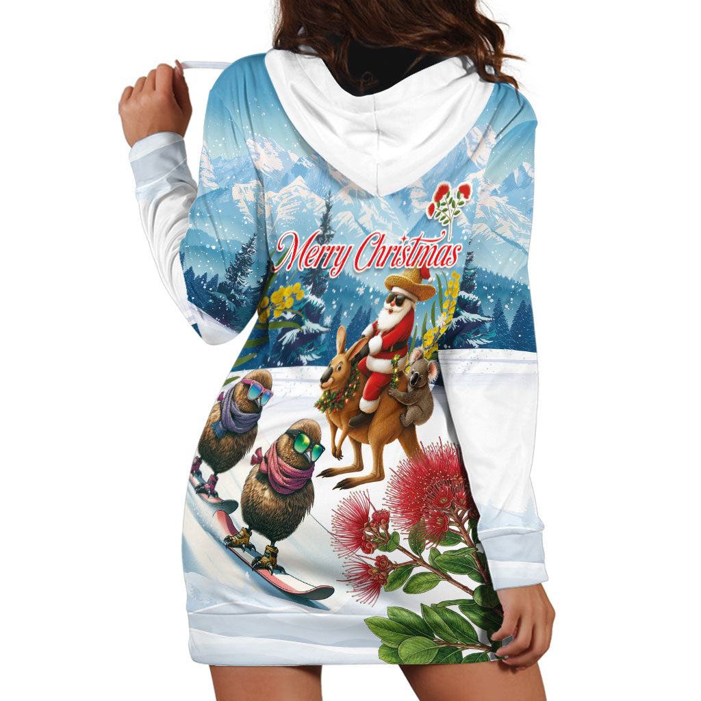 New Zealand and Australia Merry Christmas Hoodie Dress Kiwi Birds Skiing and Koala Santa Riding Kangaroo LT03 - Polynesian Pride