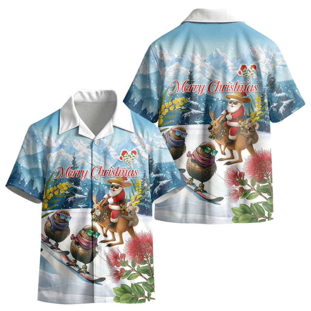 New Zealand and Australia Merry Christmas Kid Hawaiian Shirt Kiwi Birds Skiing and Koala Santa Riding Kangaroo LT03 - Polynesian Pride