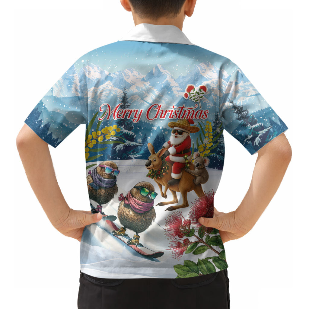 New Zealand and Australia Merry Christmas Kid Hawaiian Shirt Kiwi Birds Skiing and Koala Santa Riding Kangaroo LT03 - Polynesian Pride