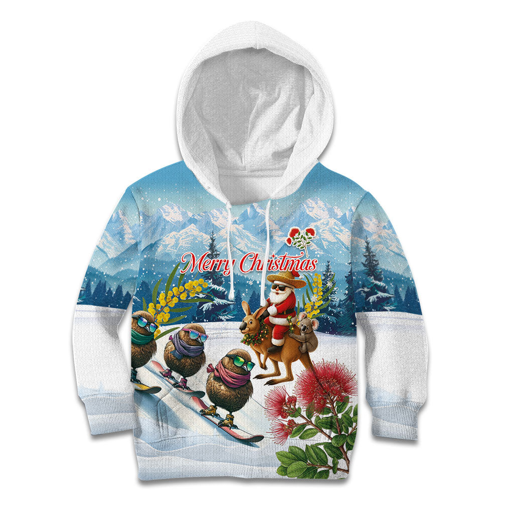 New Zealand and Australia Merry Christmas Kid Hoodie Kiwi Birds Skiing and Koala Santa Riding Kangaroo LT03 Hoodie Multicolor - Polynesian Pride