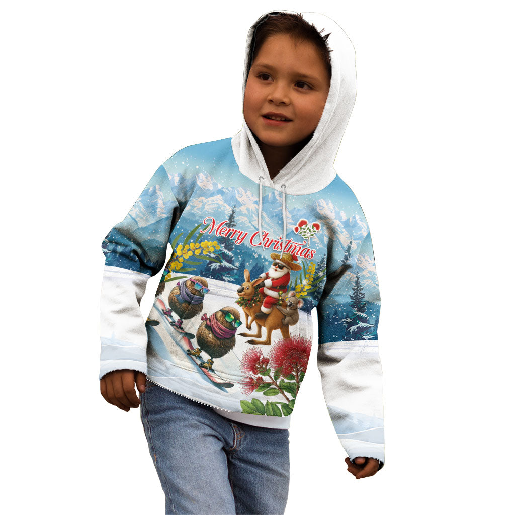 New Zealand and Australia Merry Christmas Kid Hoodie Kiwi Birds Skiing and Koala Santa Riding Kangaroo LT03 - Polynesian Pride