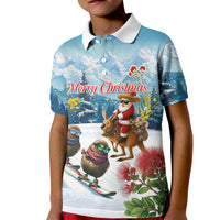New Zealand and Australia Merry Christmas Kid Polo Shirt Kiwi Birds Skiing and Koala Santa Riding Kangaroo LT03 Kid Multicolor - Polynesian Pride