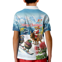 New Zealand and Australia Merry Christmas Kid Polo Shirt Kiwi Birds Skiing and Koala Santa Riding Kangaroo LT03 - Polynesian Pride