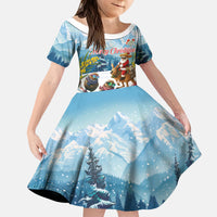 New Zealand and Australia Merry Christmas Kid Short Sleeve Dress Kiwi Birds Skiing and Koala Santa Riding Kangaroo LT03 KID Multicolor - Polynesian Pride