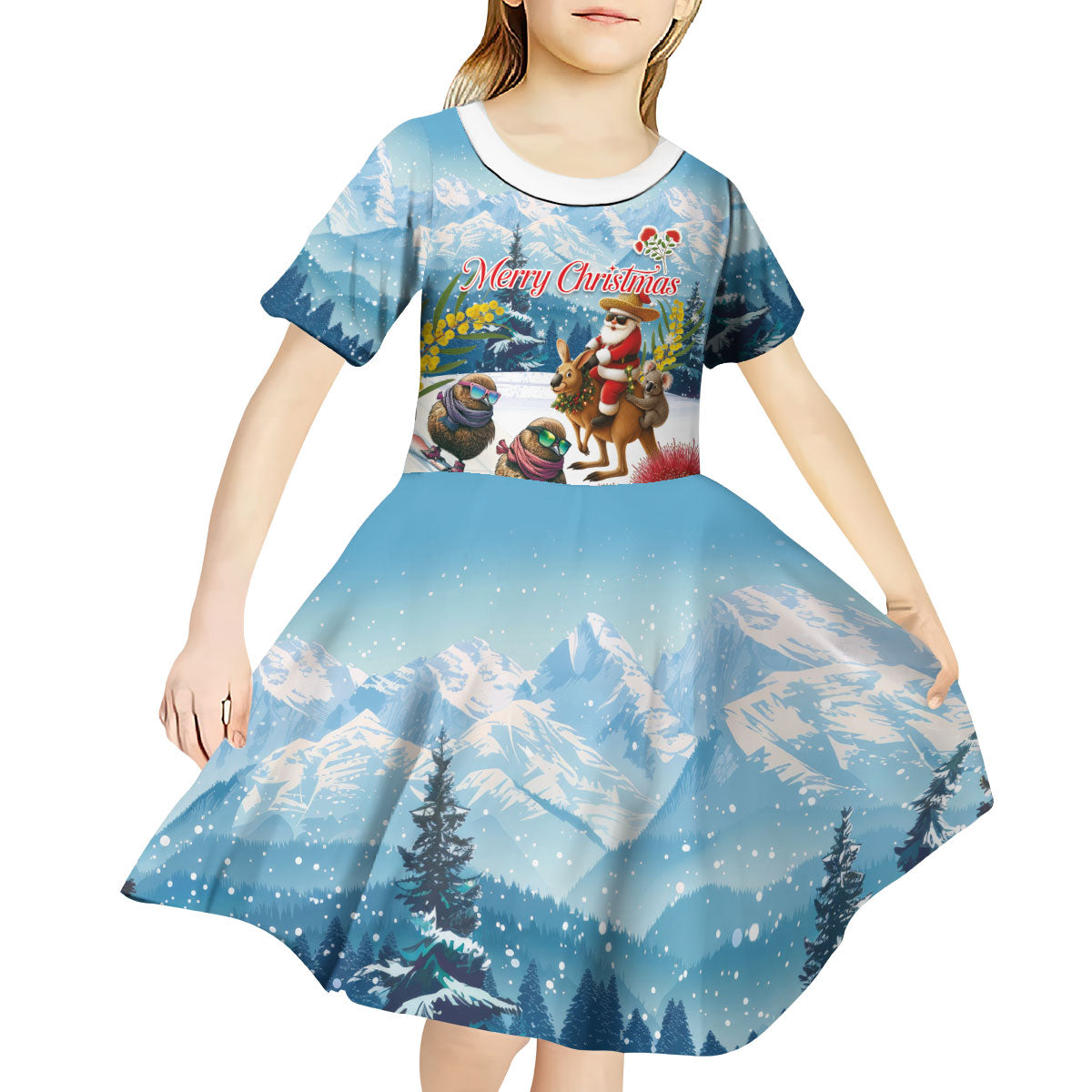 New Zealand and Australia Merry Christmas Kid Short Sleeve Dress Kiwi Birds Skiing and Koala Santa Riding Kangaroo LT03 - Polynesian Pride