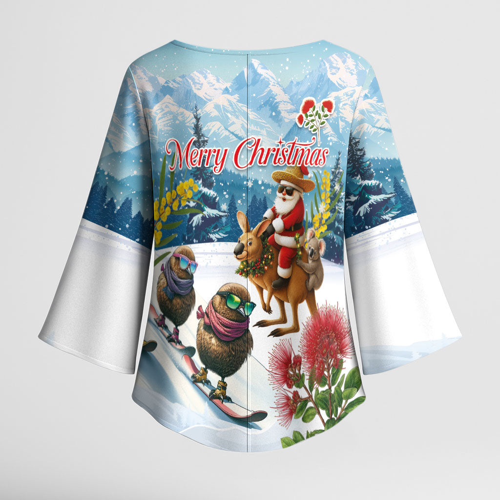 New Zealand and Australia Merry Christmas Kimono Sleeve Blouse Kiwi Birds Skiing and Koala Santa Riding Kangaroo LT03 - Polynesian Pride