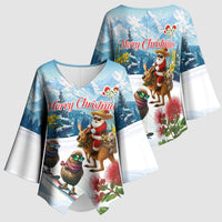 New Zealand and Australia Merry Christmas Kimono Sleeve Blouse Kiwi Birds Skiing and Koala Santa Riding Kangaroo LT03 - Polynesian Pride