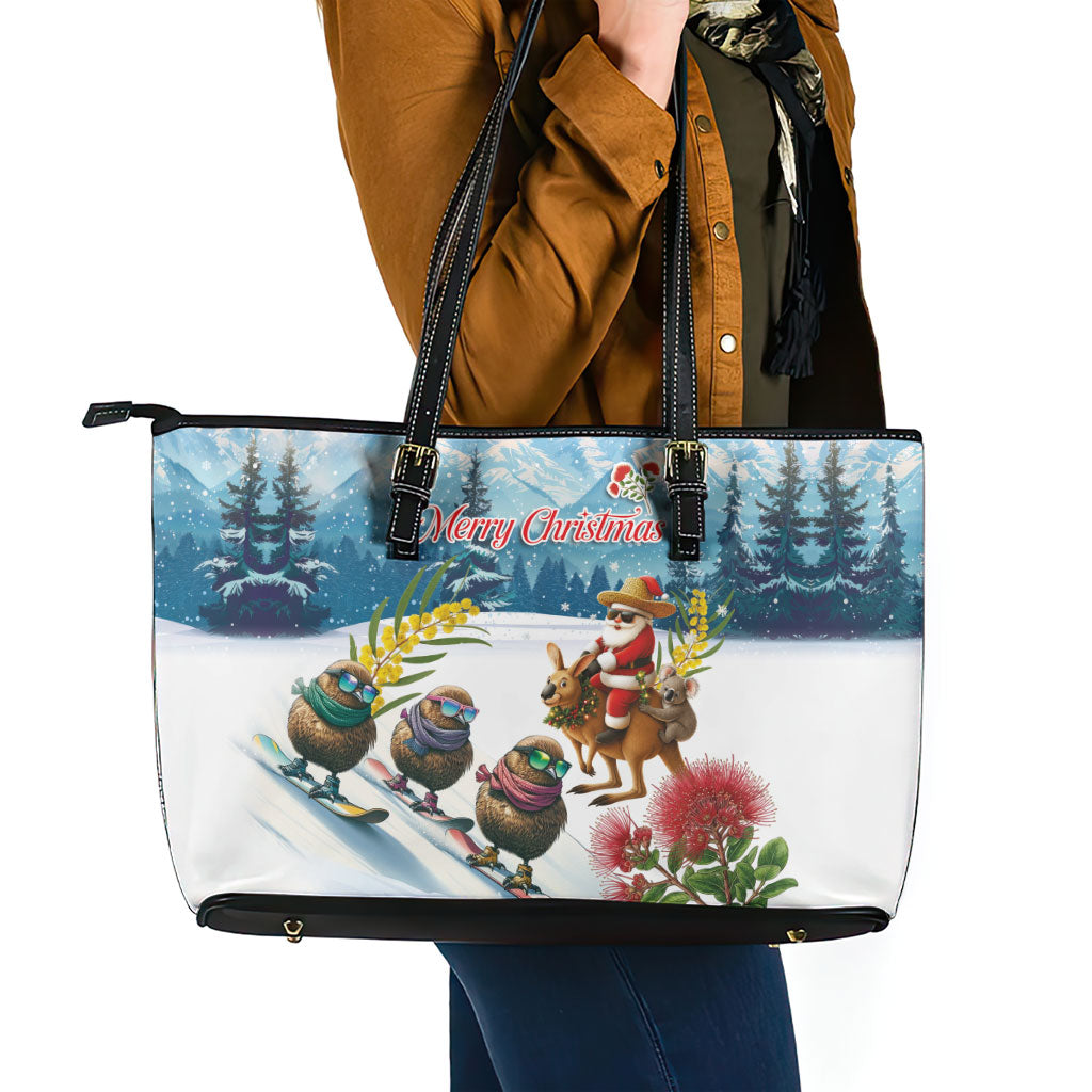 New Zealand and Australia Merry Christmas Leather Tote Bag Kiwi Birds Skiing and Koala Santa Riding Kangaroo LT03 - Polynesian Pride