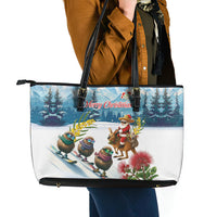 New Zealand and Australia Merry Christmas Leather Tote Bag Kiwi Birds Skiing and Koala Santa Riding Kangaroo LT03 - Polynesian Pride