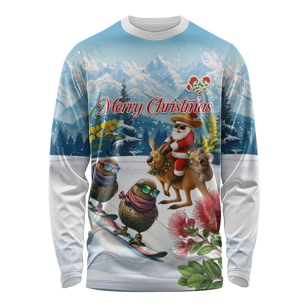 New Zealand and Australia Merry Christmas Long Sleeve Shirt Kiwi Birds Skiing and Koala Santa Riding Kangaroo LT03 Unisex Multicolor - Polynesian Pride