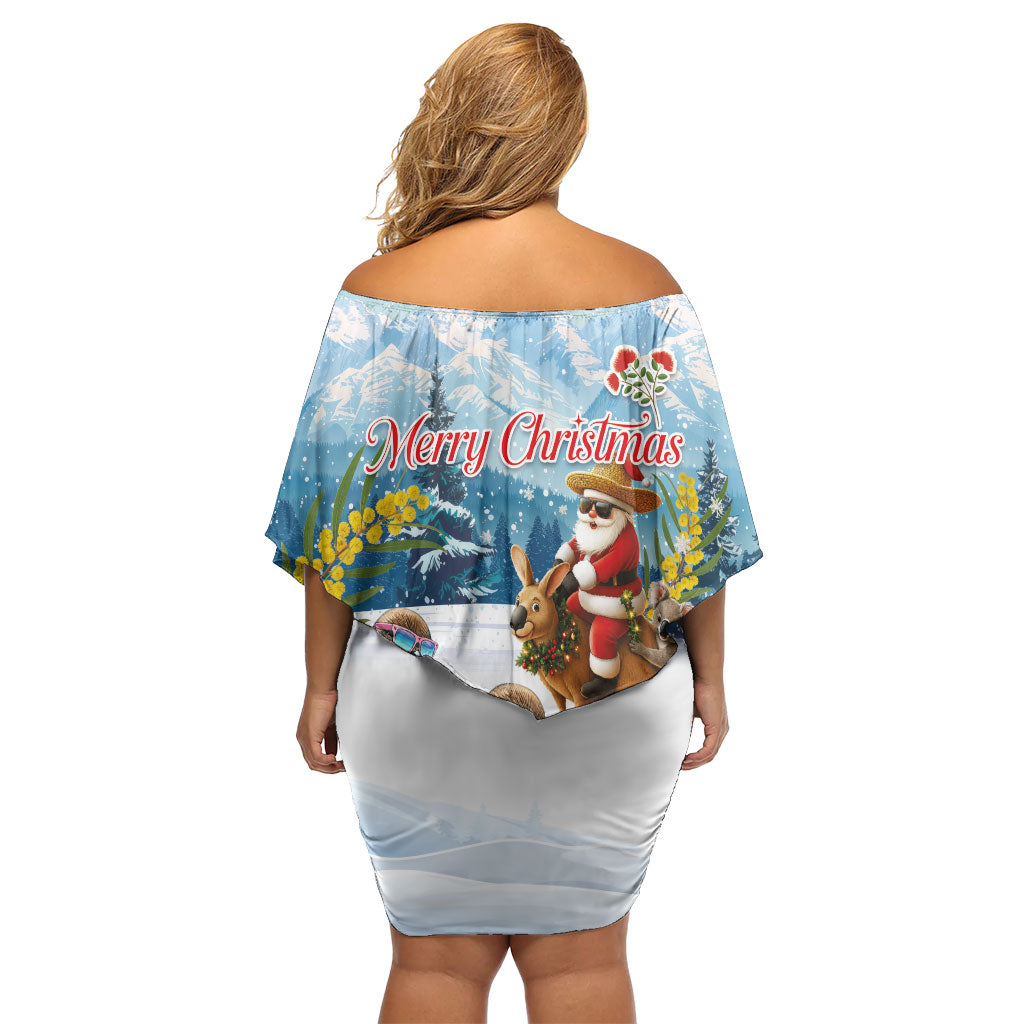 New Zealand and Australia Merry Christmas Off Shoulder Short Dress Kiwi Birds Skiing and Koala Santa Riding Kangaroo LT03 - Polynesian Pride