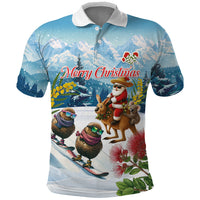 New Zealand and Australia Merry Christmas Polo Shirt Kiwi Birds Skiing and Koala Santa Riding Kangaroo LT03 Multicolor - Polynesian Pride