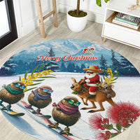 New Zealand and Australia Merry Christmas Round Carpet Kiwi Birds Skiing and Koala Santa Riding Kangaroo LT03 Multicolor - Polynesian Pride