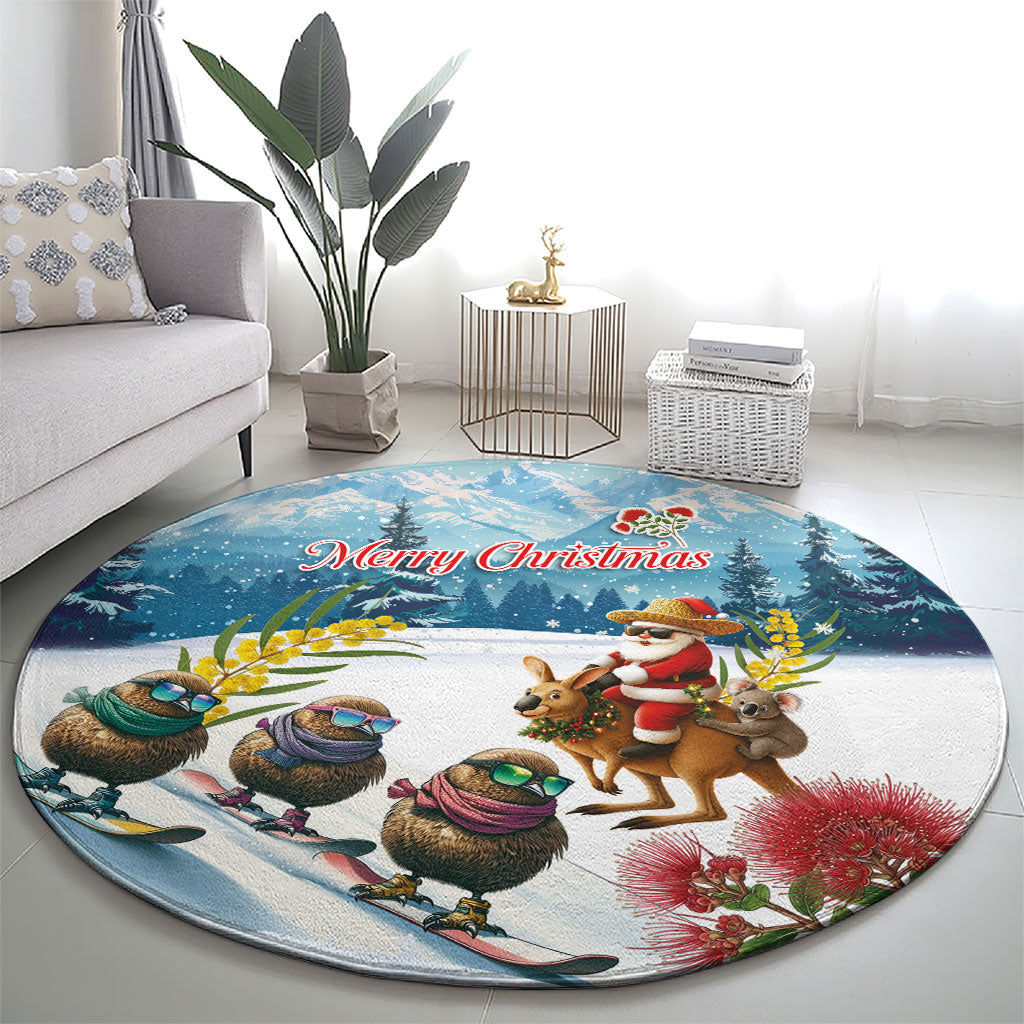 New Zealand and Australia Merry Christmas Round Carpet Kiwi Birds Skiing and Koala Santa Riding Kangaroo LT03 - Polynesian Pride