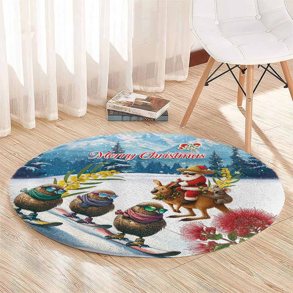 New Zealand and Australia Merry Christmas Round Carpet Kiwi Birds Skiing and Koala Santa Riding Kangaroo LT03 - Polynesian Pride