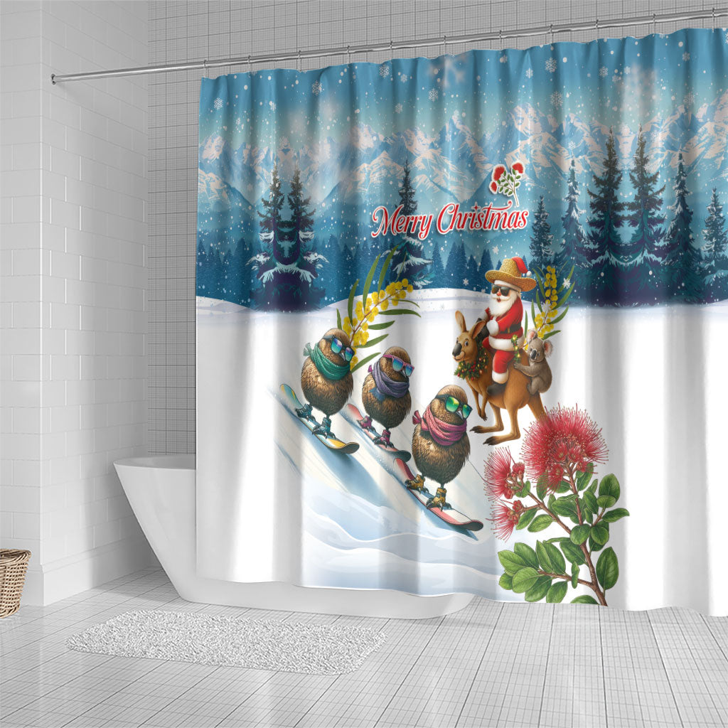 New Zealand and Australia Merry Christmas Shower Curtain Kiwi Birds Skiing and Koala Santa Riding Kangaroo