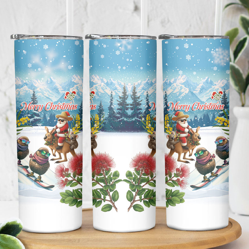 New Zealand and Australia Merry Christmas Skinny Tumbler Kiwi Birds Skiing and Koala Santa Riding Kangaroo LT03 - Polynesian Pride
