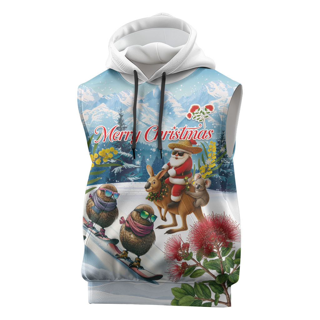 New Zealand and Australia Merry Christmas Sleeveless Hoodie Kiwi Birds Skiing and Koala Santa Riding Kangaroo