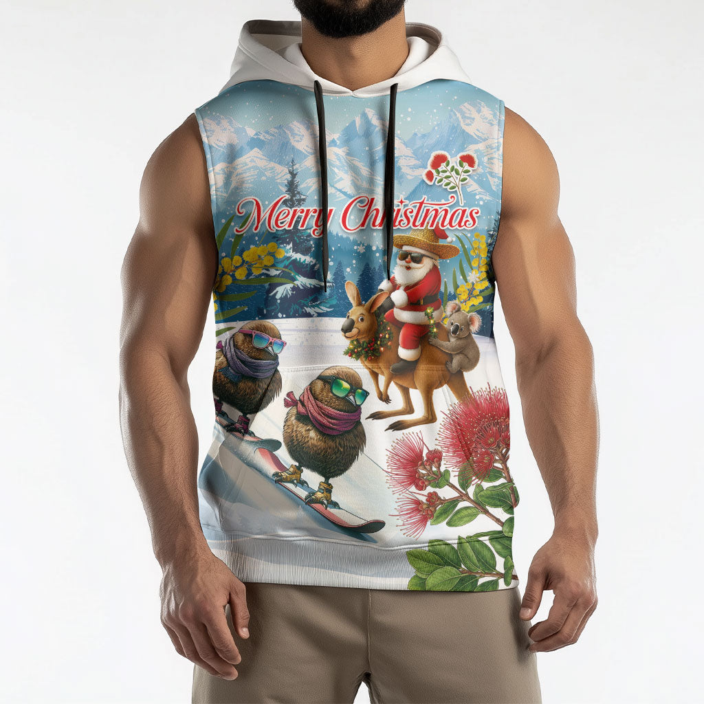 New Zealand and Australia Merry Christmas Sleeveless Hoodie Kiwi Birds Skiing and Koala Santa Riding Kangaroo LT03 - Polynesian Pride