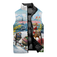 New Zealand and Australia Merry Christmas Sleeveless Puffer Jacket Kiwi Birds Skiing and Koala Santa Riding Kangaroo