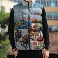 New Zealand and Australia Merry Christmas Sleeveless Puffer Jacket Kiwi Birds Skiing and Koala Santa Riding Kangaroo