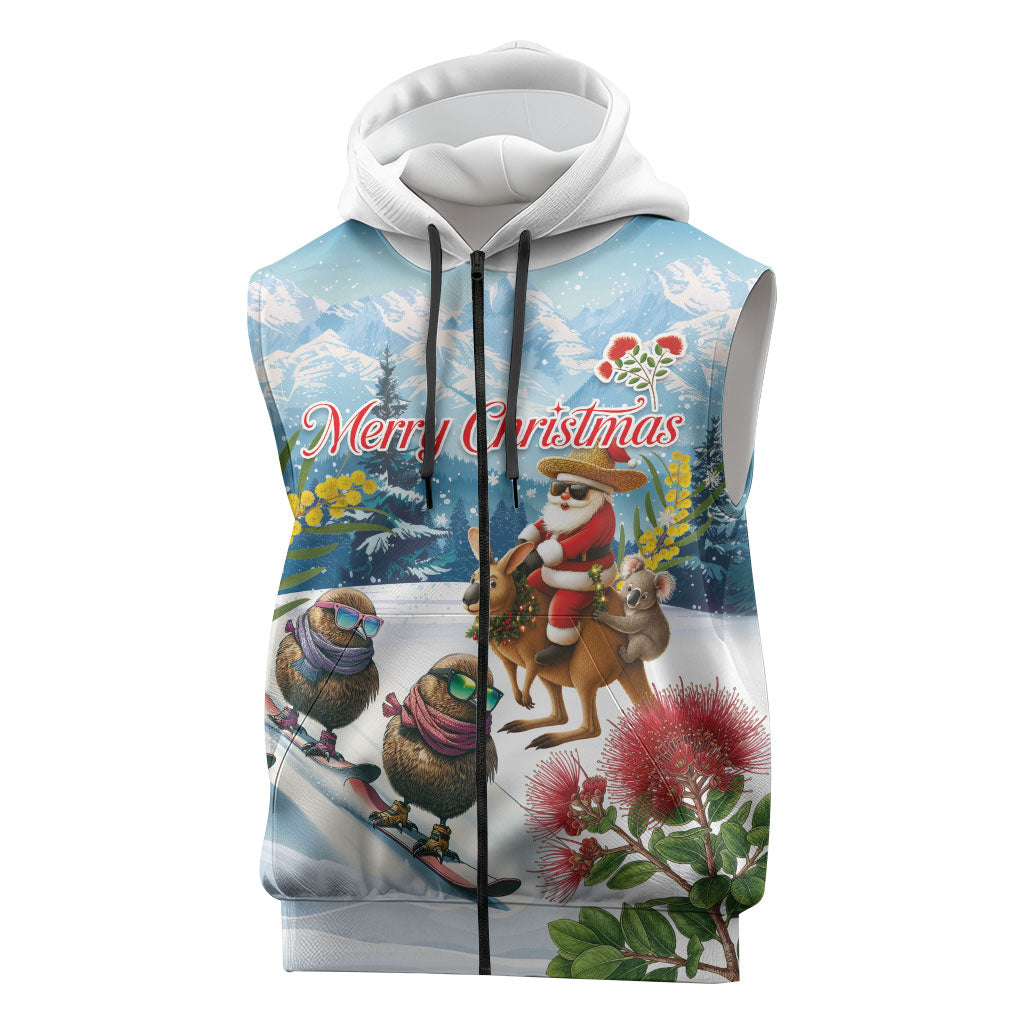 New Zealand and Australia Merry Christmas Sleeveless Zip Hoodie Kiwi Birds Skiing and Koala Santa Riding Kangaroo