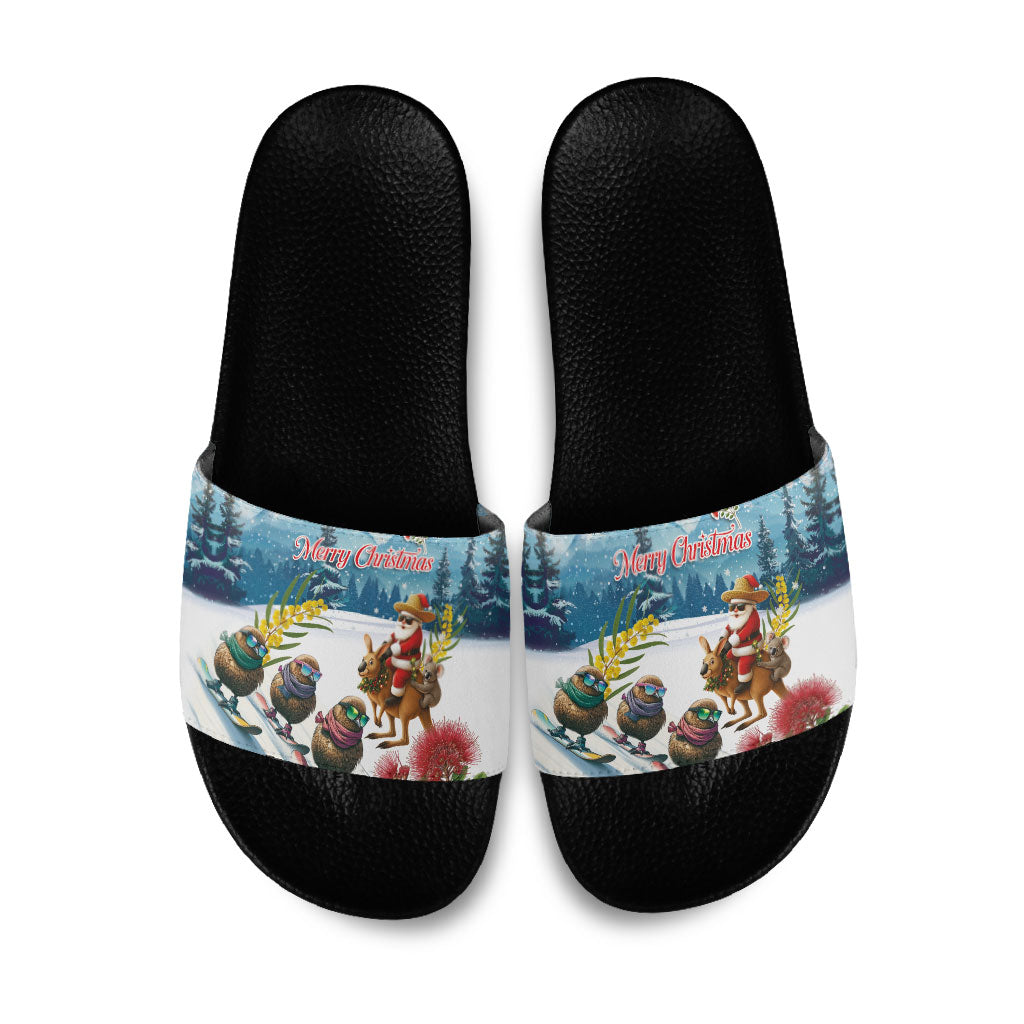 New Zealand and Australia Merry Christmas Slide Sandals Kiwi Birds Skiing and Koala Santa Riding Kangaroo