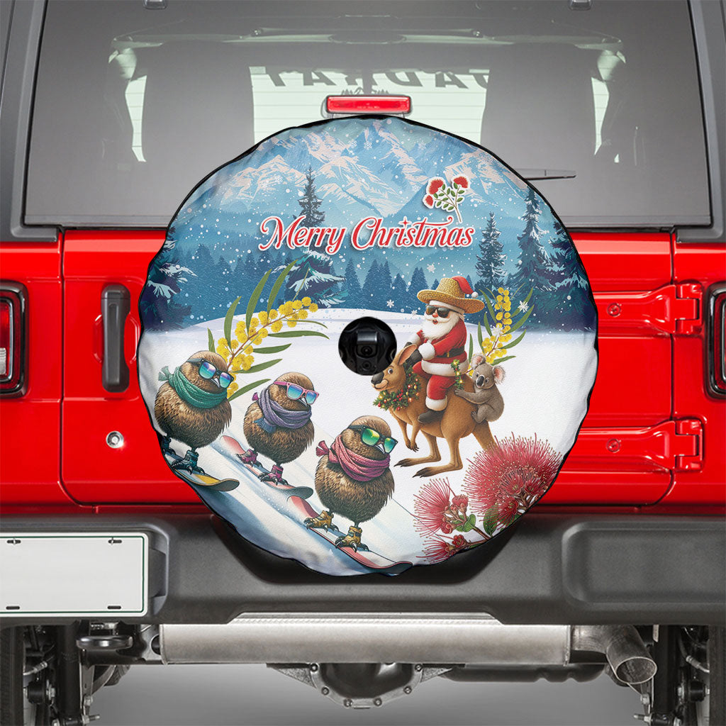 New Zealand and Australia Merry Christmas Spare Tire Cover Kiwi Birds Skiing and Koala Santa Riding Kangaroo LT03 - Polynesian Pride