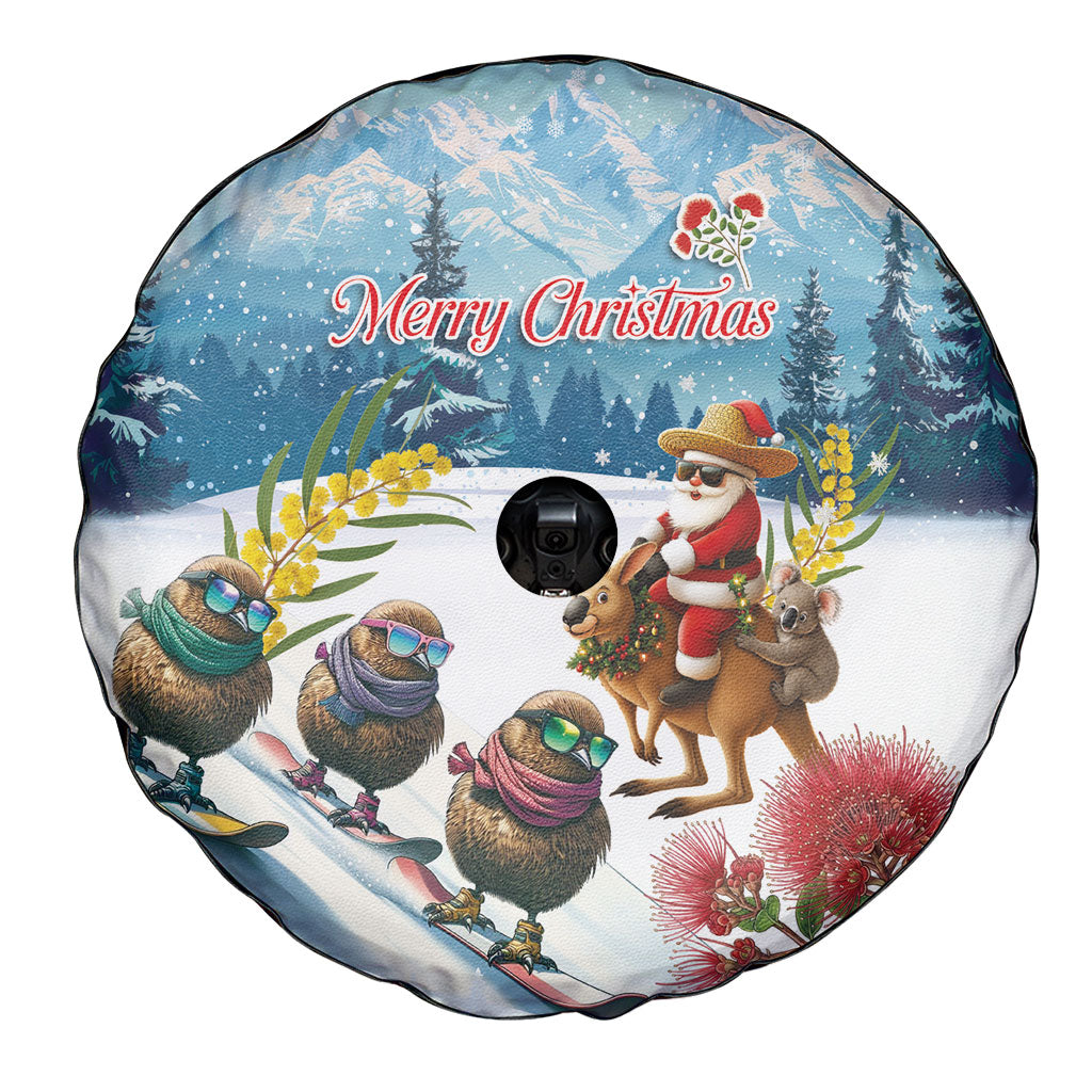New Zealand and Australia Merry Christmas Spare Tire Cover Kiwi Birds Skiing and Koala Santa Riding Kangaroo LT03 - Polynesian Pride