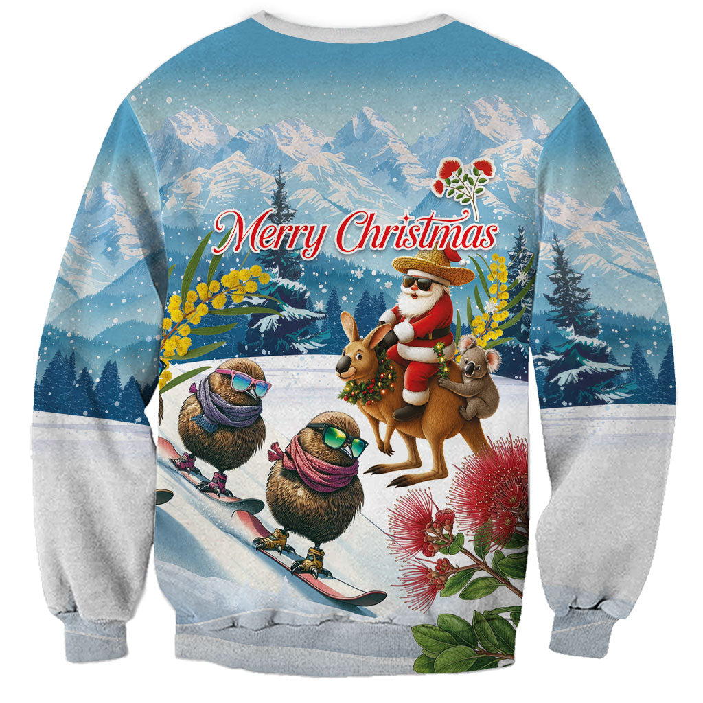 New Zealand and Australia Merry Christmas Sweatshirt Kiwi Birds Skiing and Koala Santa Riding Kangaroo