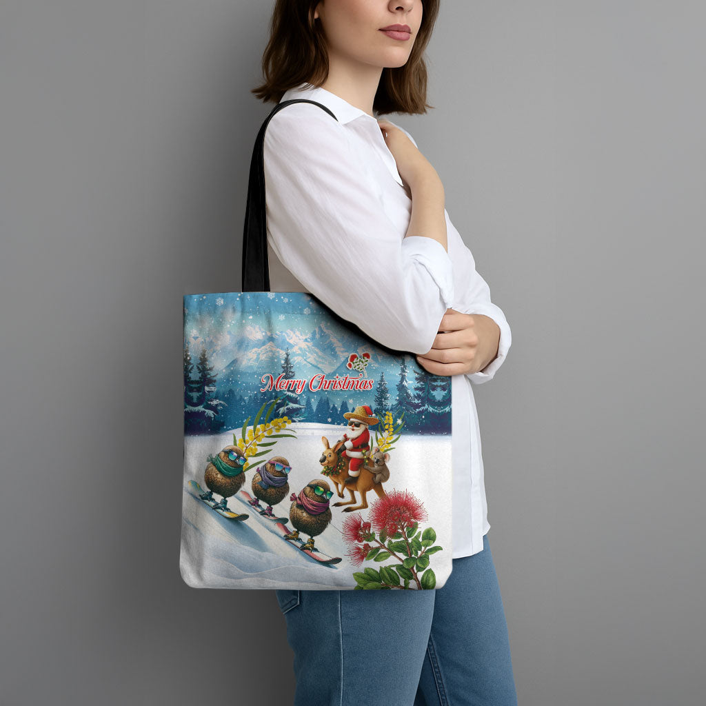 New Zealand and Australia Merry Christmas Tote Bag Kiwi Birds Skiing and Koala Santa Riding Kangaroo