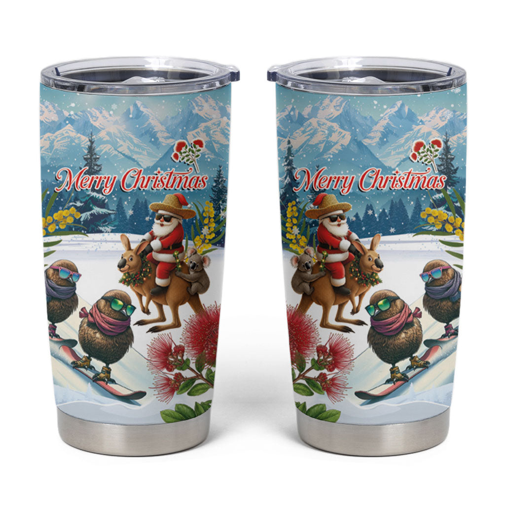 New Zealand and Australia Merry Christmas Tumbler Cup Kiwi Birds Skiing and Koala Santa Riding Kangaroo