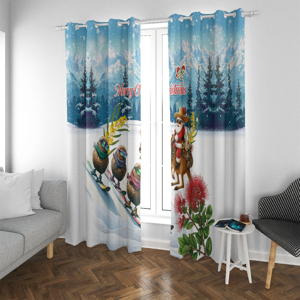New Zealand and Australia Merry Christmas Window Curtain Kiwi Birds Skiing and Koala Santa Riding Kangaroo