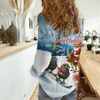 New Zealand and Australia Merry Christmas Women Casual Shirt Kiwi Birds Skiing and Koala Santa Riding Kangaroo LT03 - Polynesian Pride