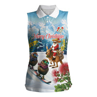 New Zealand and Australia Merry Christmas Women Sleeveless Polo Shirt Kiwi Birds Skiing and Koala Santa Riding Kangaroo LT03 Female Multicolor - Polynesian Pride