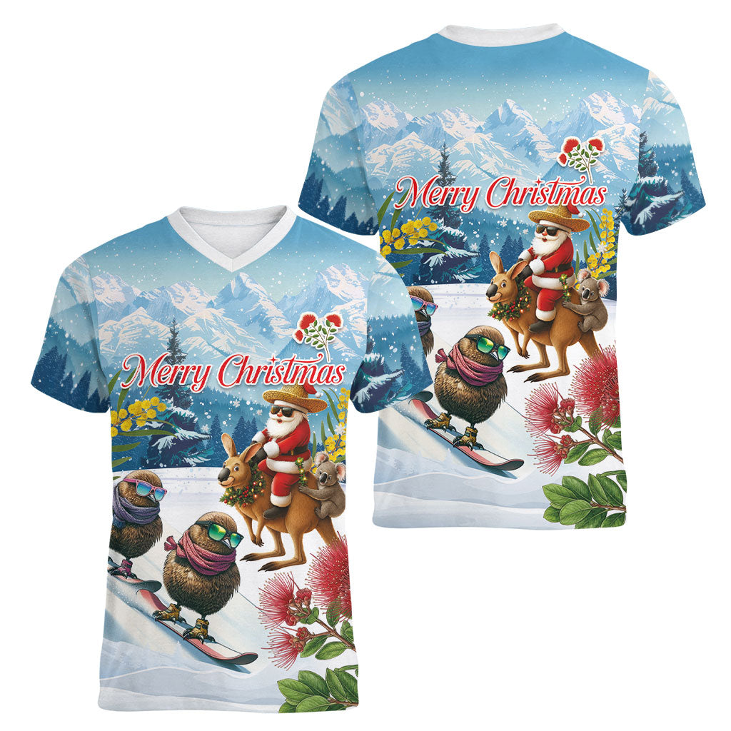 New Zealand and Australia Merry Christmas Women V-Neck T-Shirt Kiwi Birds Skiing and Koala Santa Riding Kangaroo LT03 - Polynesian Pride