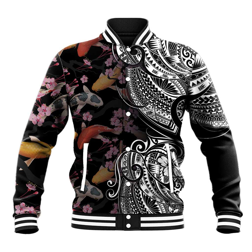 Hawaiian and Japanese Together Baseball Jacket Polynesian Triball Tattoo Koi Carps and Sakura
