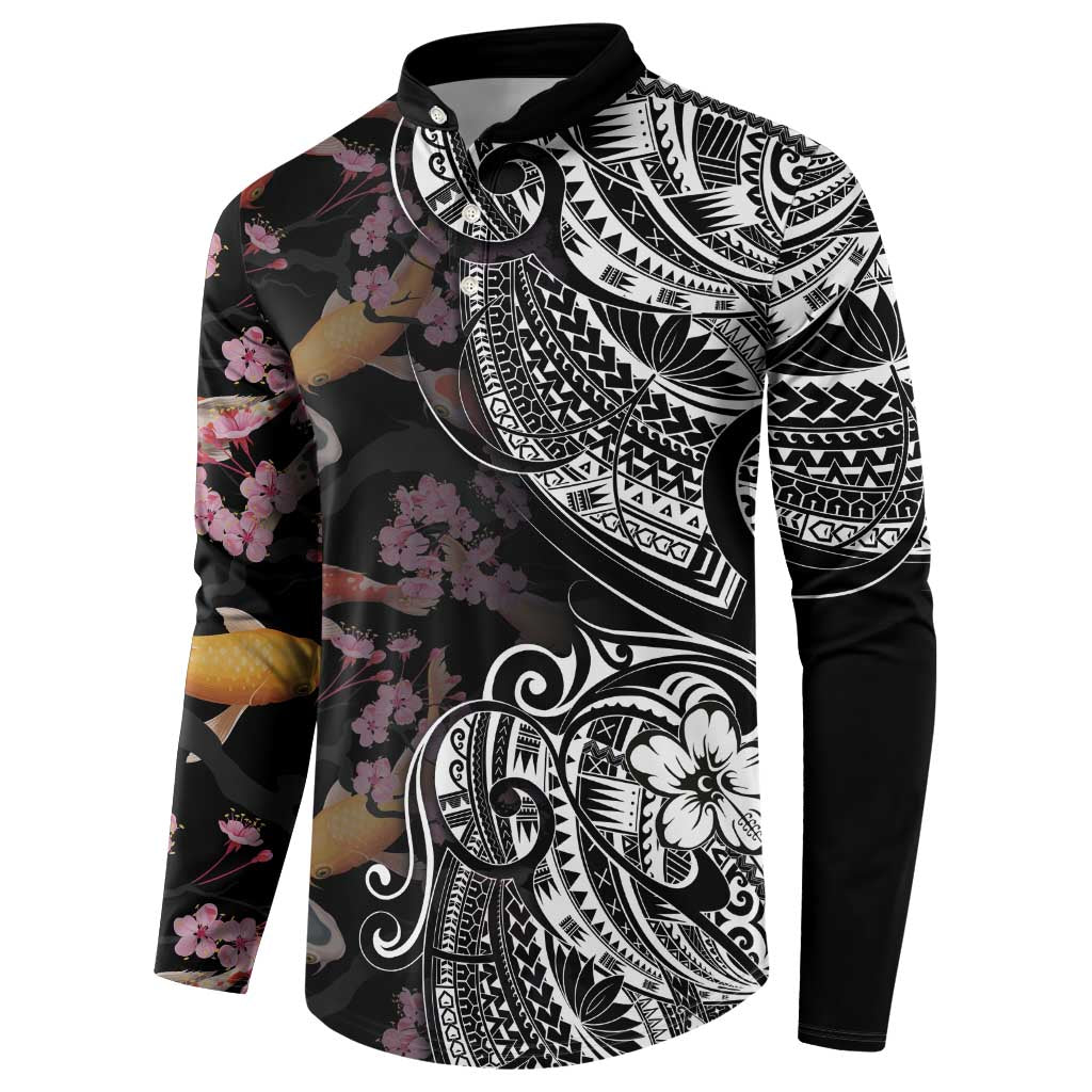 Hawaiian and Japanese Together Button Sweatshirt Polynesian Triball Tattoo Koi Carps and Sakura