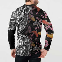Hawaiian and Japanese Together Button Sweatshirt Polynesian Triball Tattoo Koi Carps and Sakura